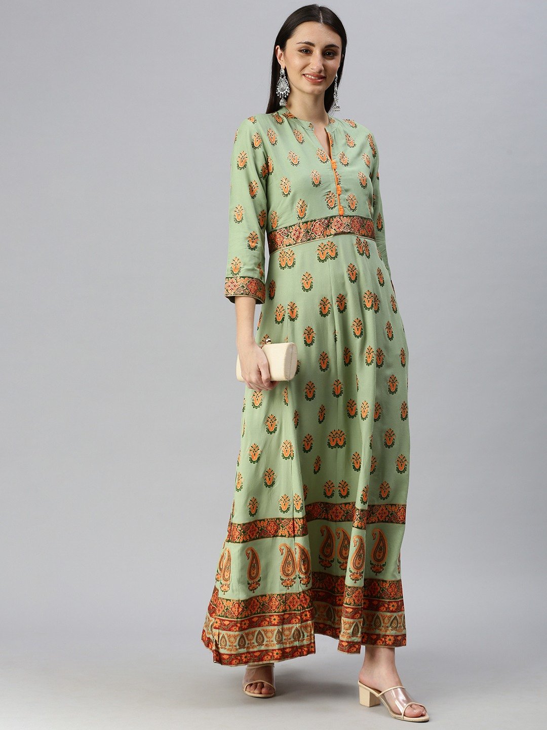 Women's Green Cotton Blend Printed Regular Kurtas