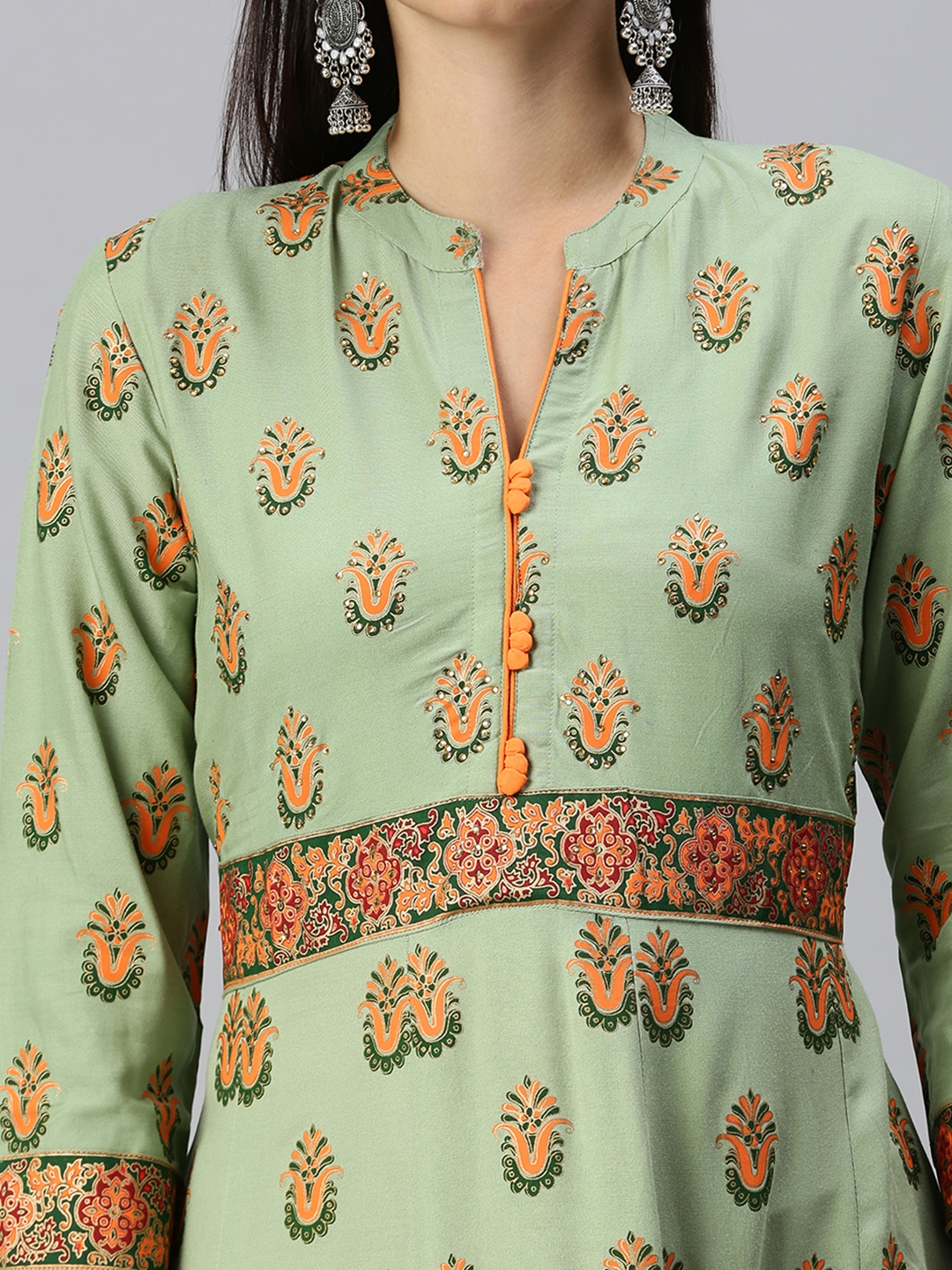 Women's Green Cotton Blend Printed Regular Kurtas