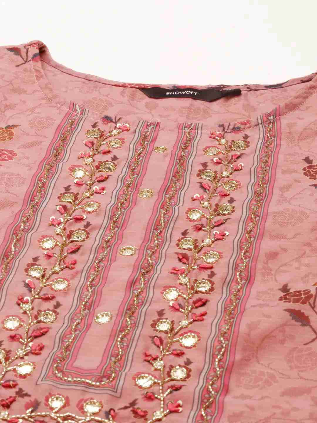 SHOWOFF Women's Round Neck Mauve Straight Kurta Sets