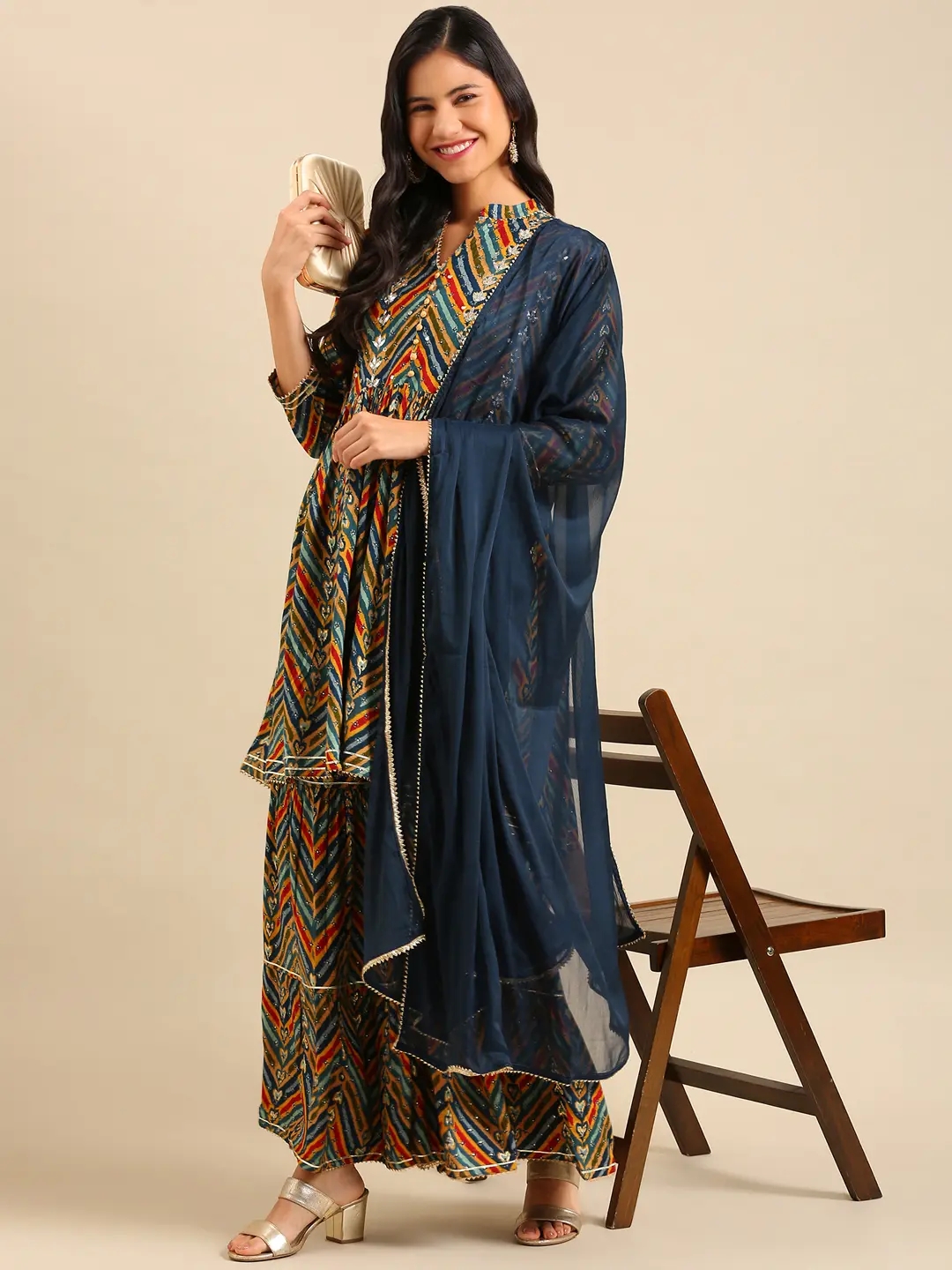 Women's Multicolour Chanderi Printed Comfort Fit Kurta Sets