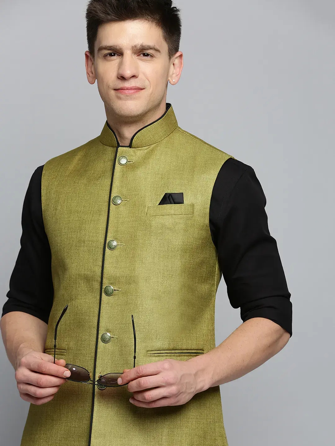 SHOWOFF Men's Solid Olive Ethnic Nehru Jacket