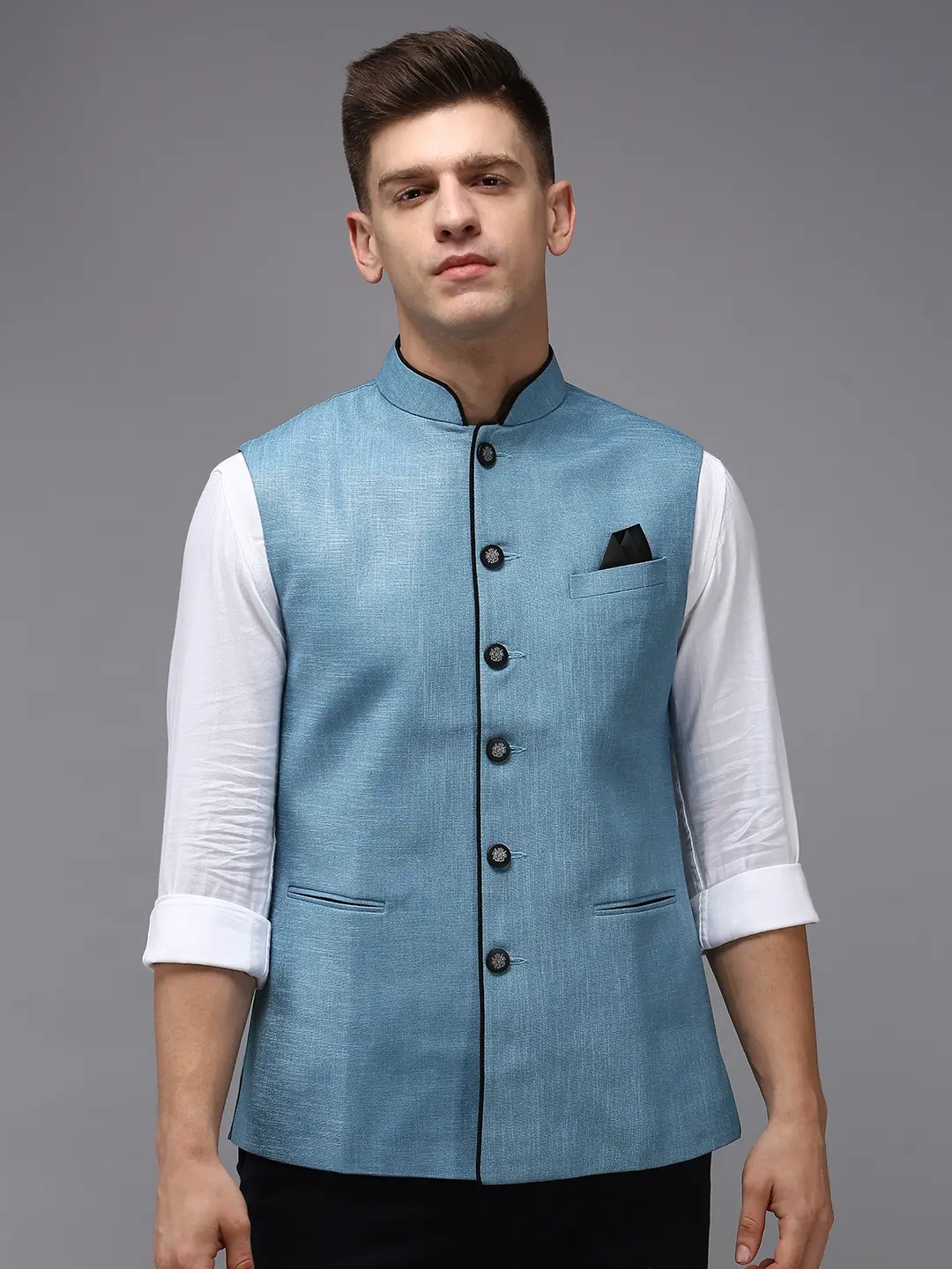 SHOWOFF Men's Solid Blue Ethnic Nehru Jackets
