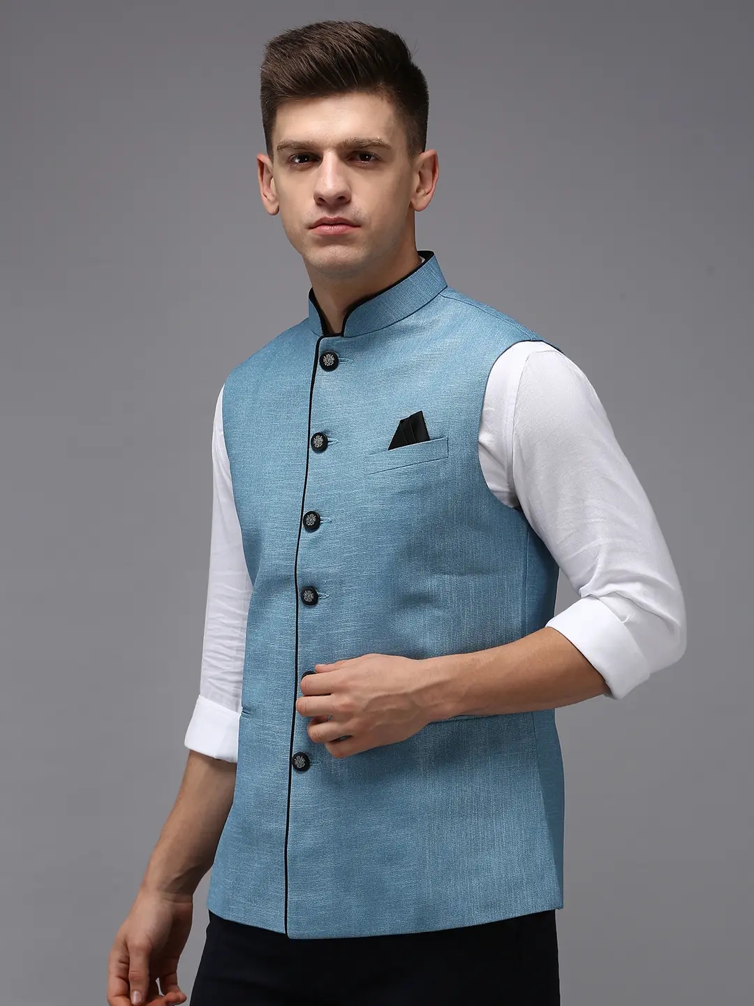 SHOWOFF Men's Solid Blue Ethnic Nehru Jackets