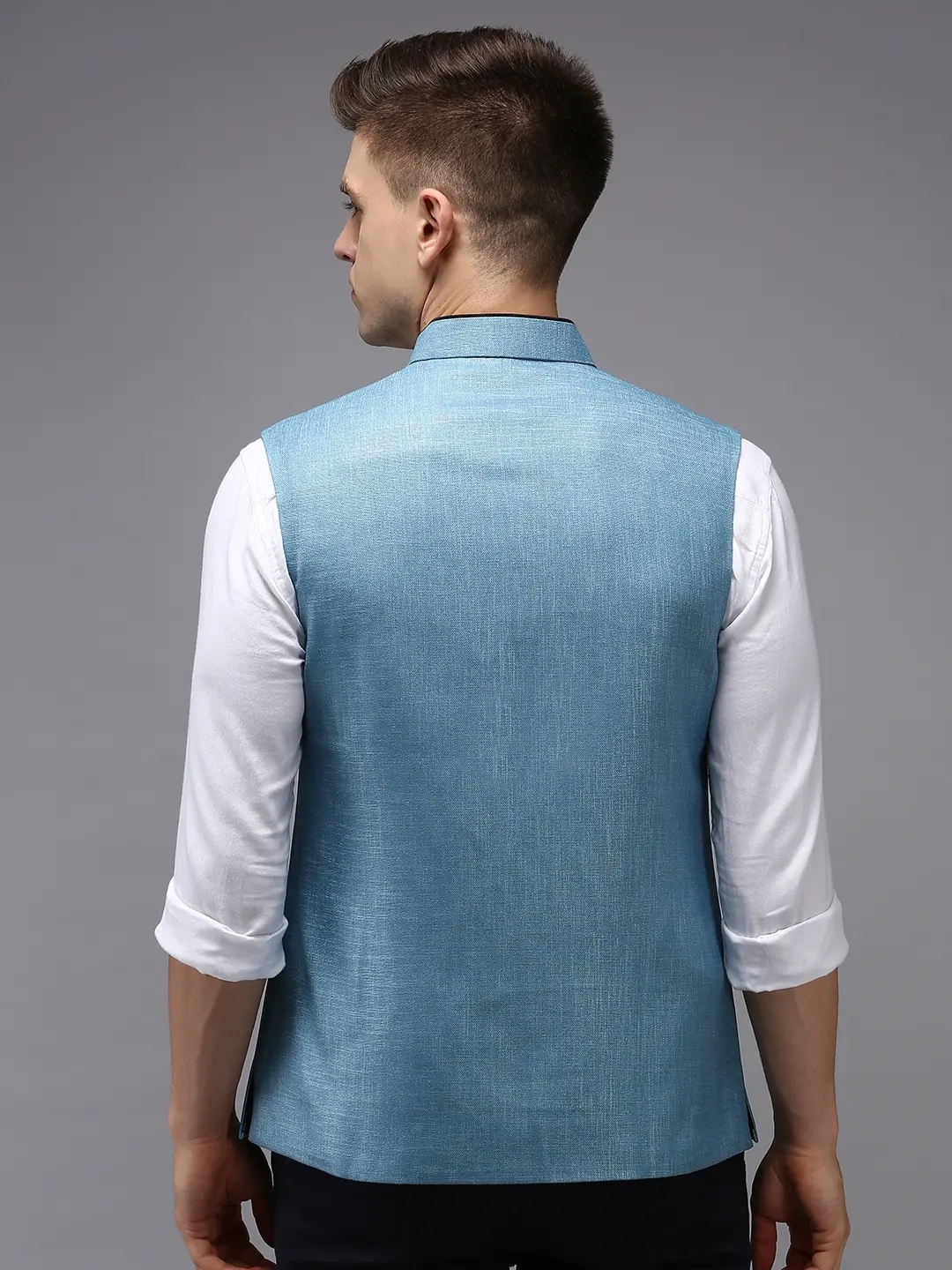 Men's Blue Cotton Blend Solid Comfort Fit Ethnic Jackets