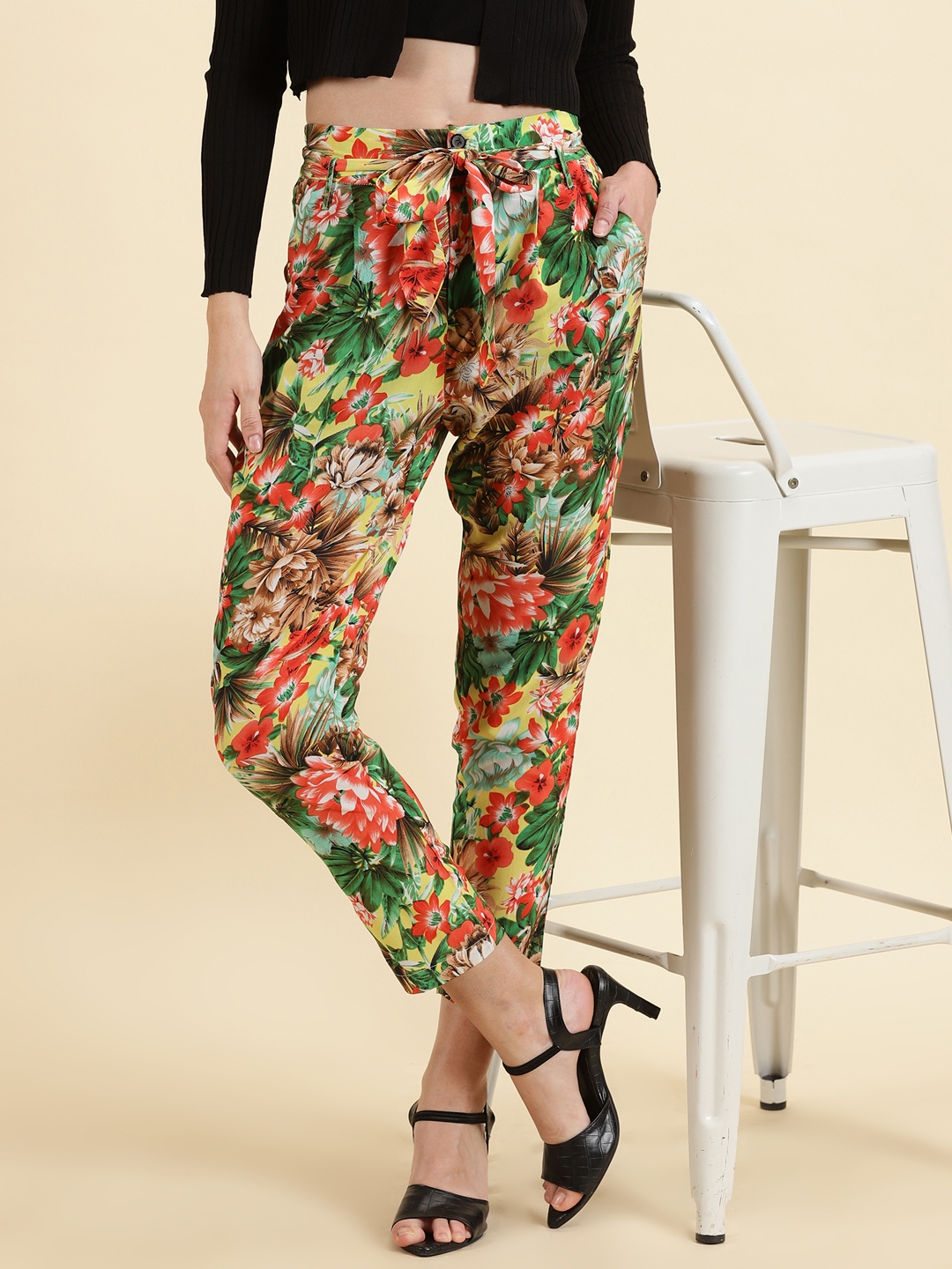 Linen Mix Floral Print Loose Fit Trousers
