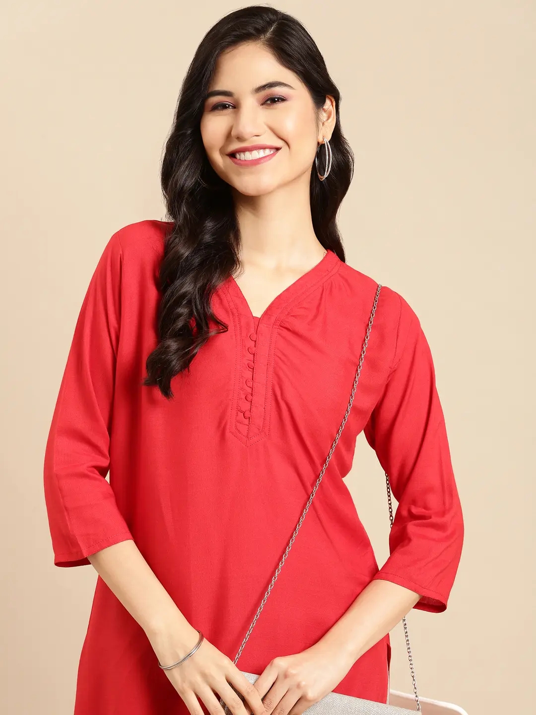 Showoff | SHOWOFF Women's V-Neck Red Solid Straight Three-Quarter Sleeves Kurti