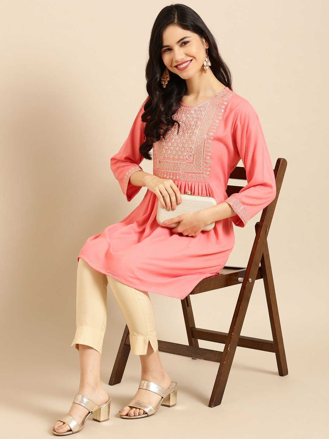 Women's Pink Cotton Blend Solid Comfort Fit Kurtis