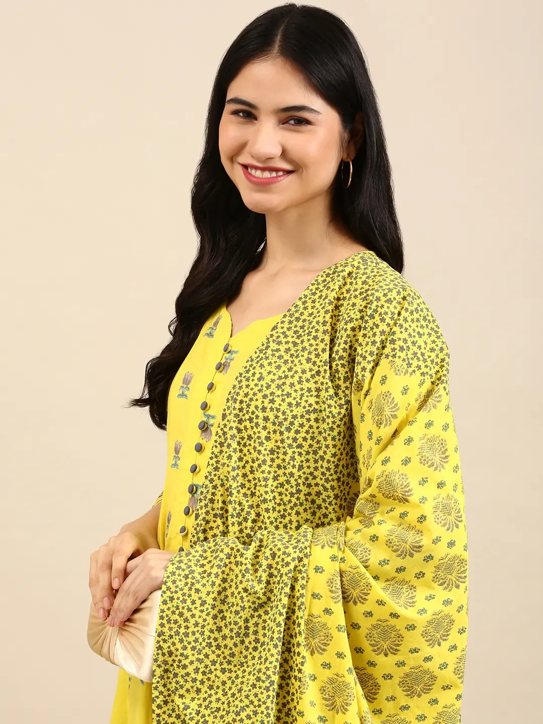 SHOWOFF Women Yellow Printed  V Neck Three-Quarter Sleeves Knee length Anarkali Kurta Set