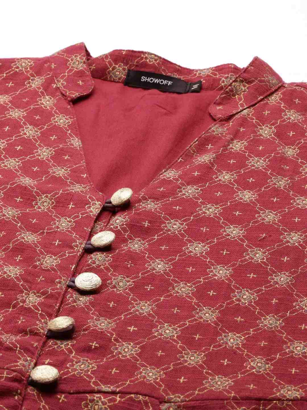 Women's Red Linen Printed Comfort Fit Kurtas