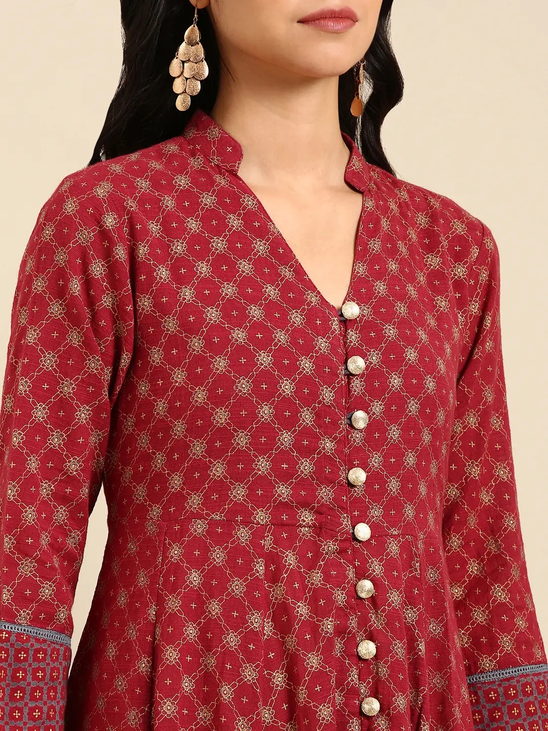 Women's Red Linen Printed Comfort Fit Kurtas