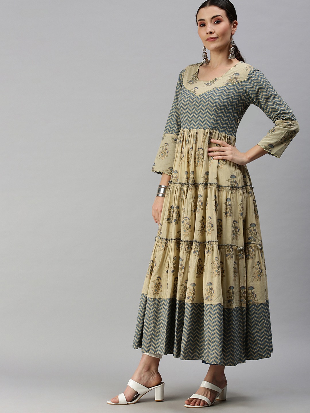 SHOWOFF Women Beige Ethnic Motifs Round Neck Three-Quarter Sleeves Ankle Length Anarkali Kurta