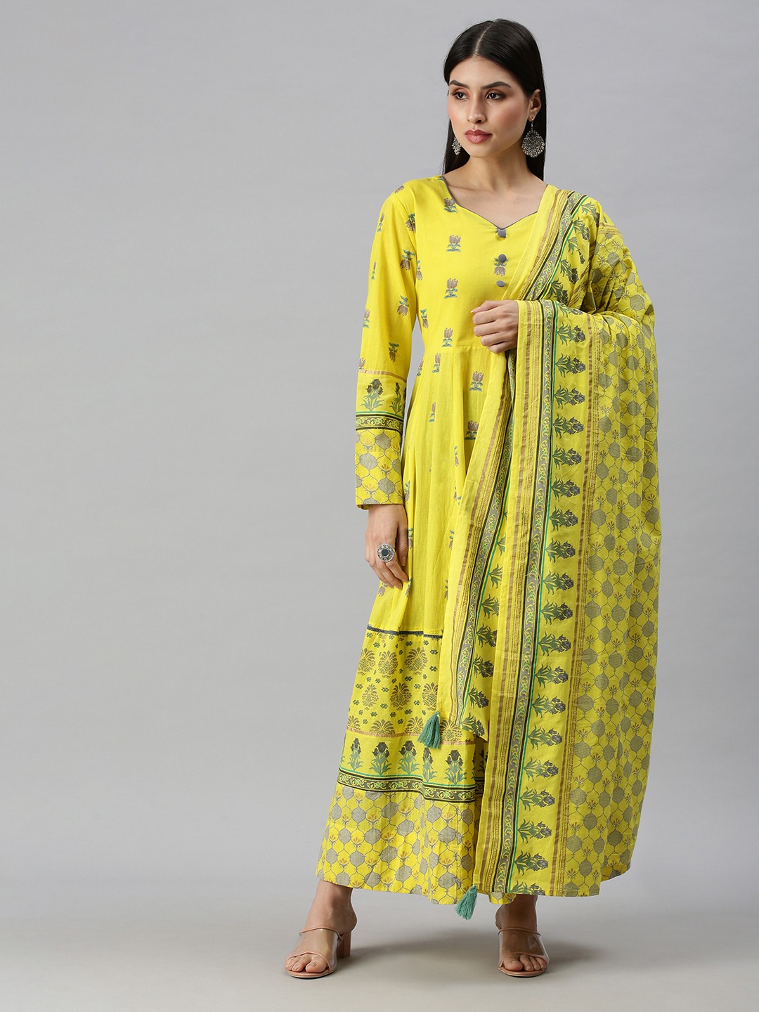 SHOWOFF Women Yellow Floral V Neck Full Sleeves Long Anarkali Kurta