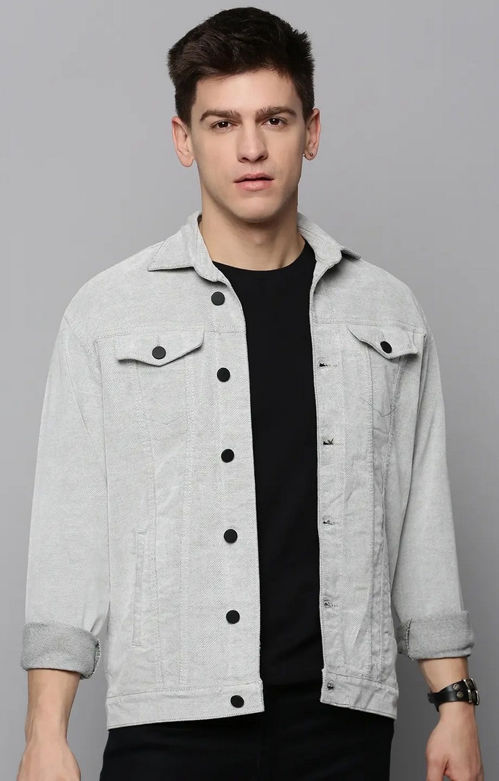 Showoff | SHOWOFF Men Grey Self Design Spread Collar Full Sleeves Open Front Jacket
