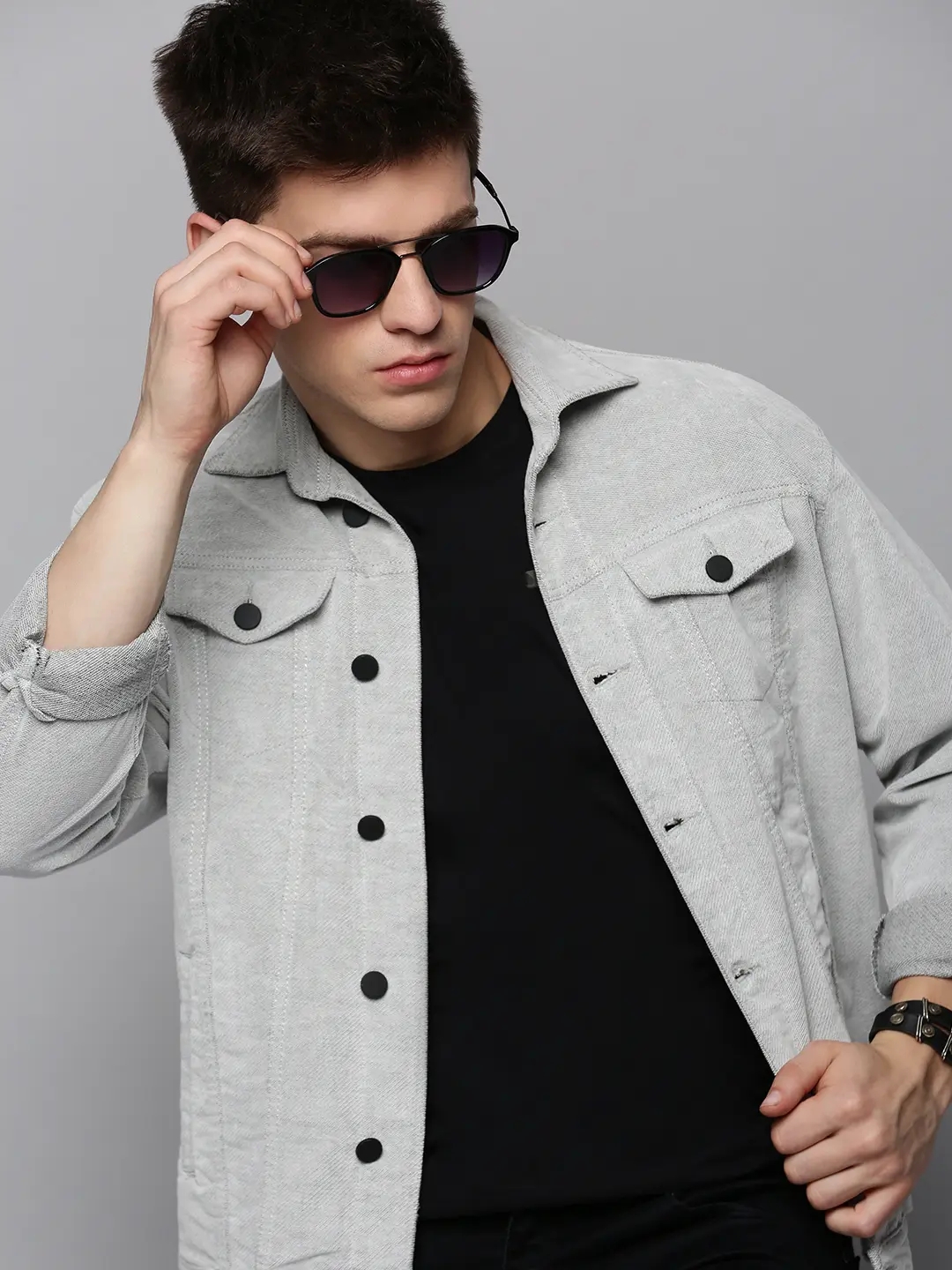 SHOWOFF Men's Spread Collar Grey Self Design Open Front Jacket