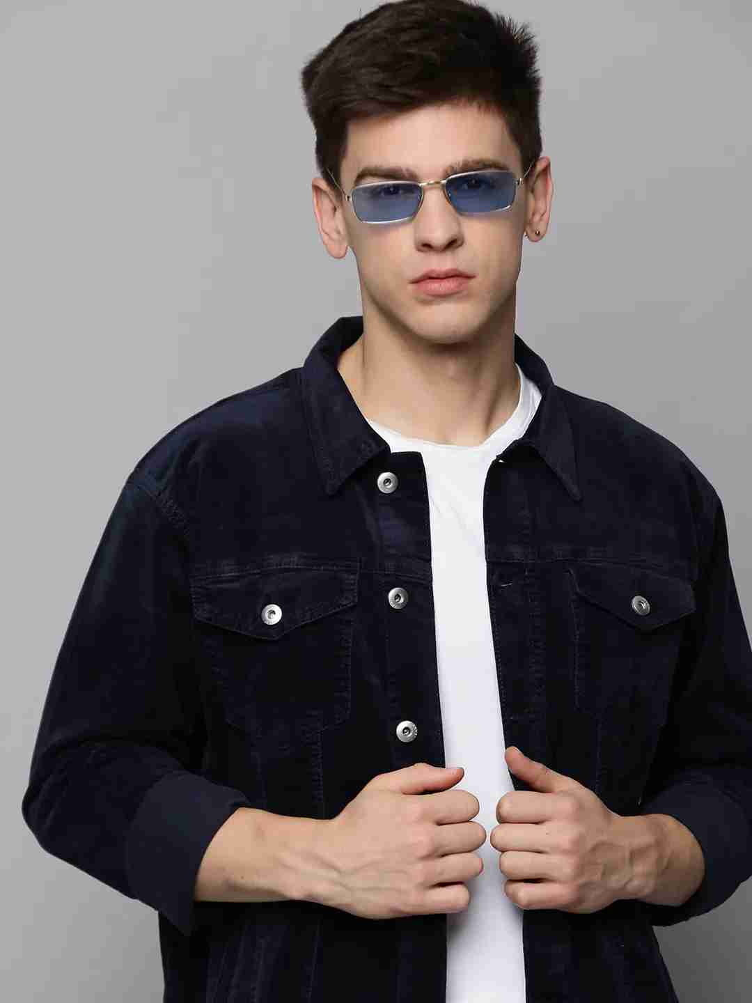 SHOWOFF Men's Spread Collar Navy Blue Solid Open Front Jacket
