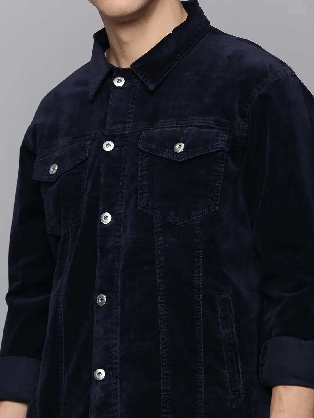 SHOWOFF Men's Spread Collar Navy Blue Solid Open Front Jacket