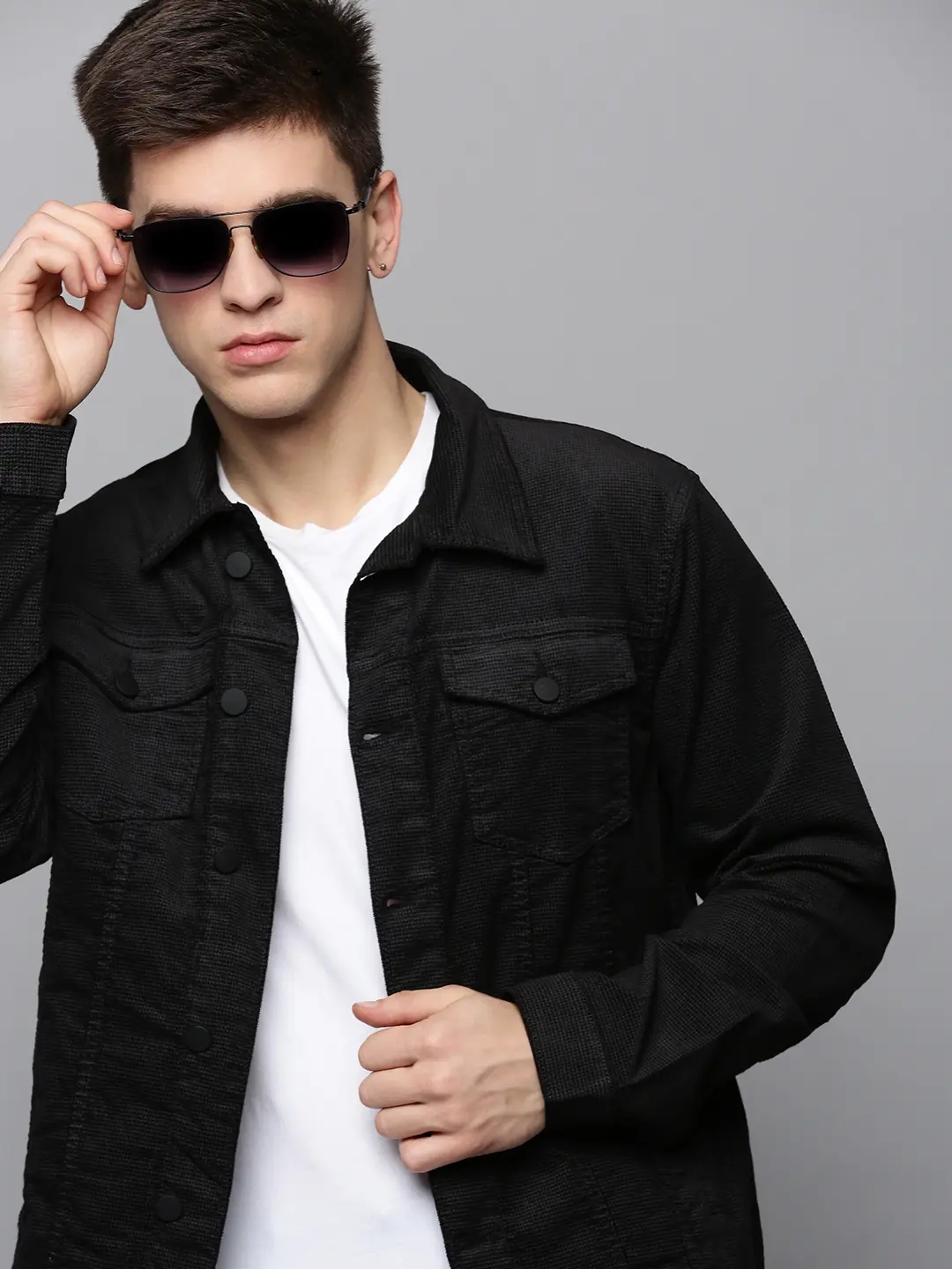 SHOWOFF Men's Spread Collar Black Self Design Open Front Jacket
