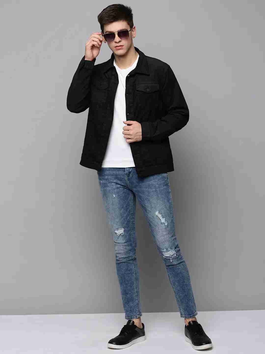 SHOWOFF Men's Spread Collar Black Self Design Open Front Jacket