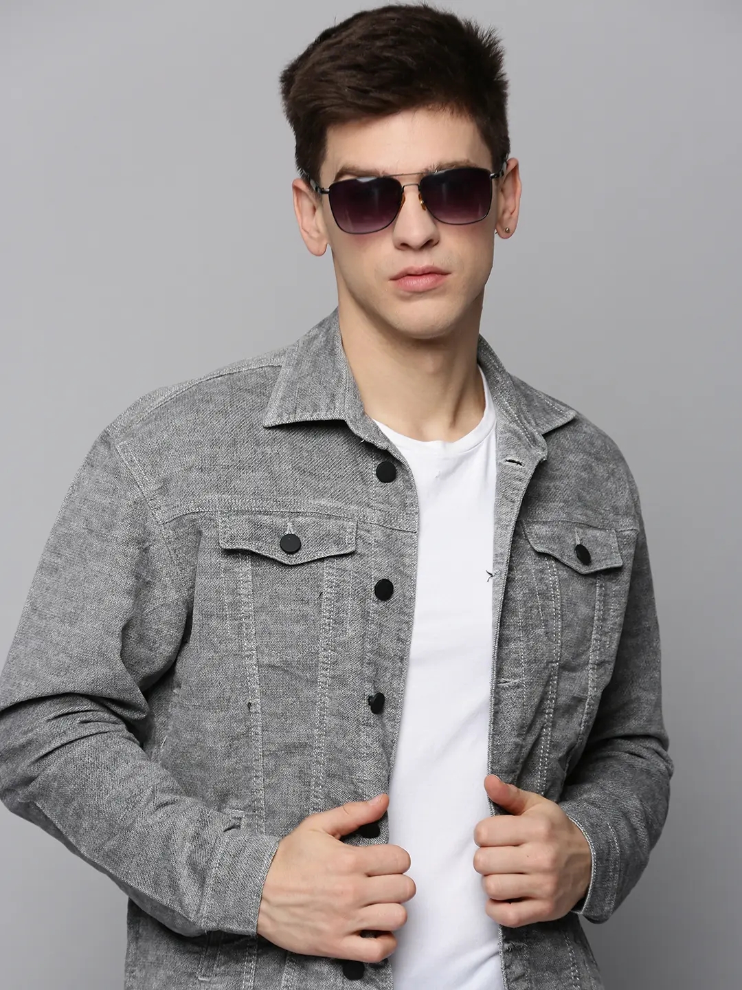 SHOWOFF Men's Spread Collar Grey Self Design Open Front Jacket