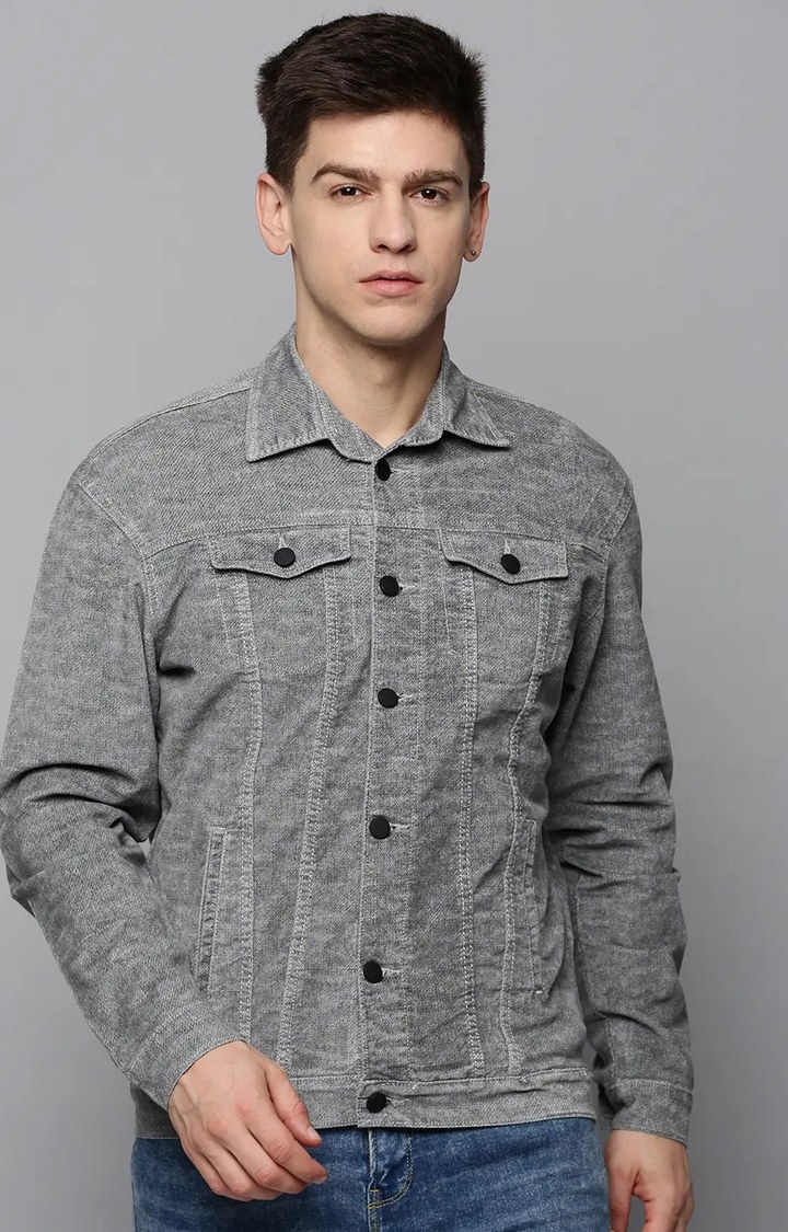 Showoff | SHOWOFF Men Grey Self Design Spread Collar Full Sleeves Open Front Jacket