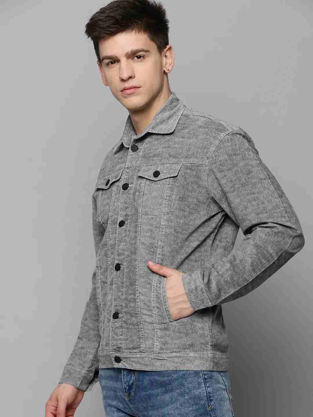 SHOWOFF Men's Spread Collar Grey Self Design Open Front Jacket