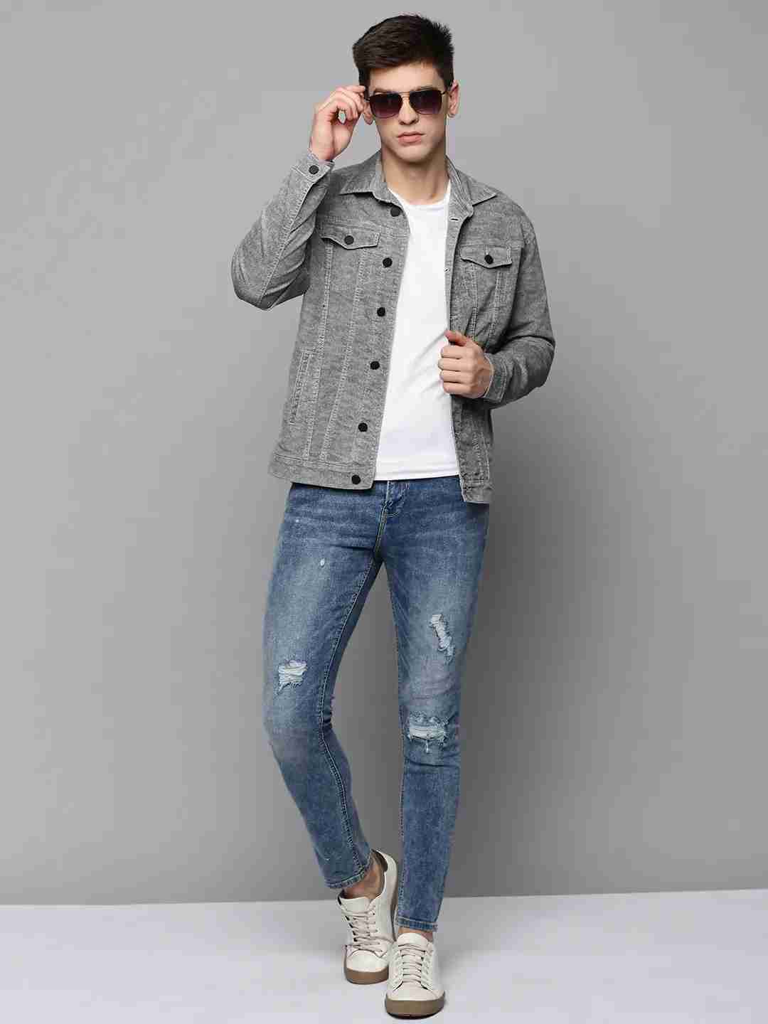 SHOWOFF Men's Spread Collar Grey Self Design Open Front Jacket