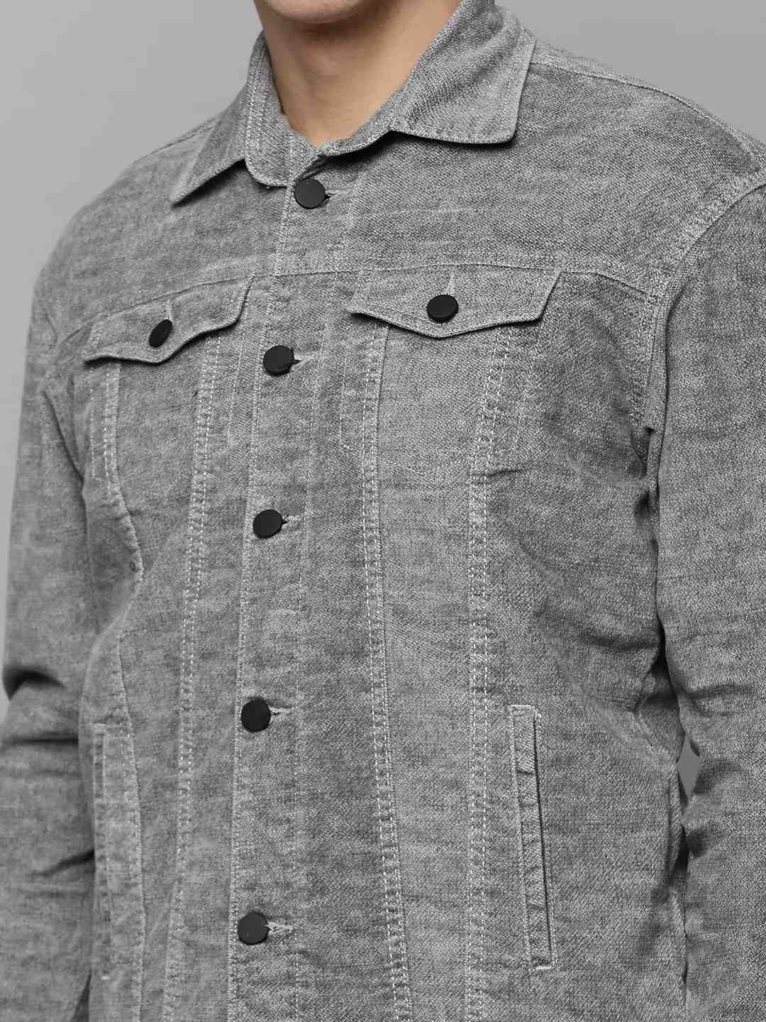 SHOWOFF Men's Spread Collar Grey Self Design Open Front Jacket