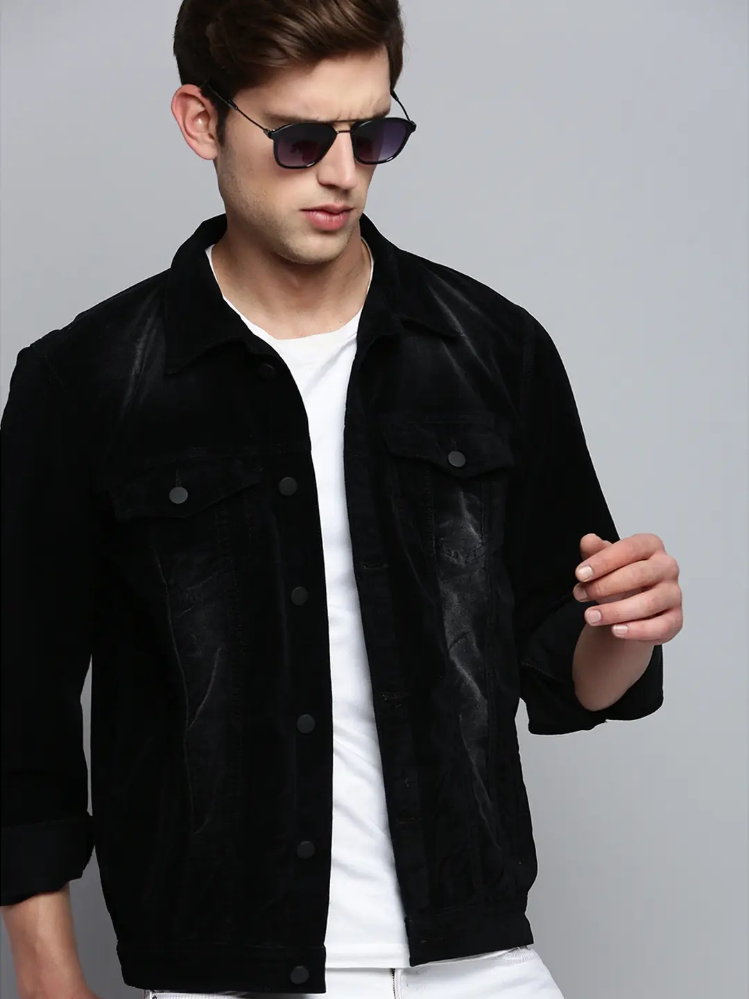 SHOWOFF Men's Solid Mandarin Collar Black Open Front Jacket
