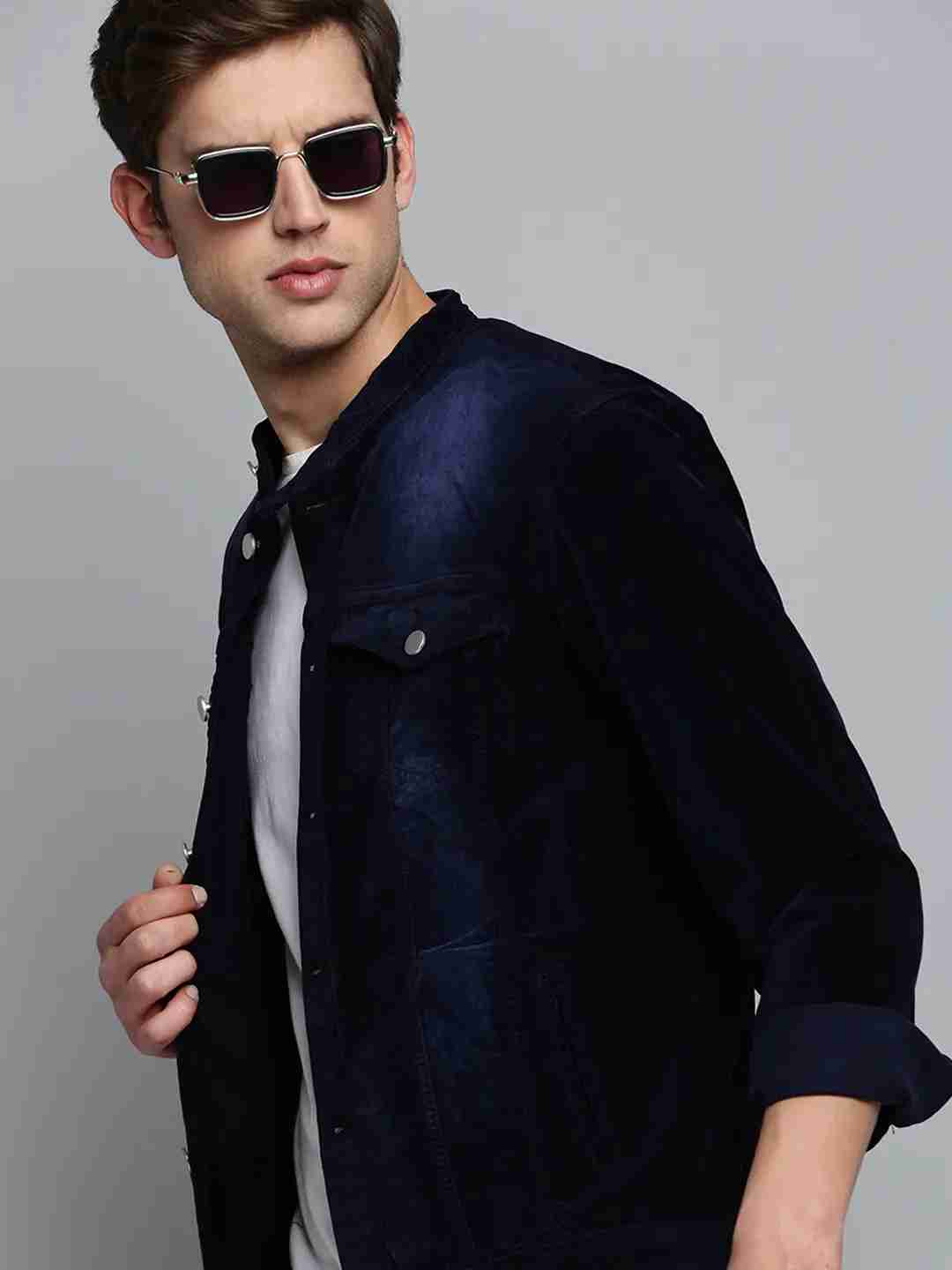 SHOWOFF Men's Mandarin Collar Solid Navy Blue Open Front Jacket