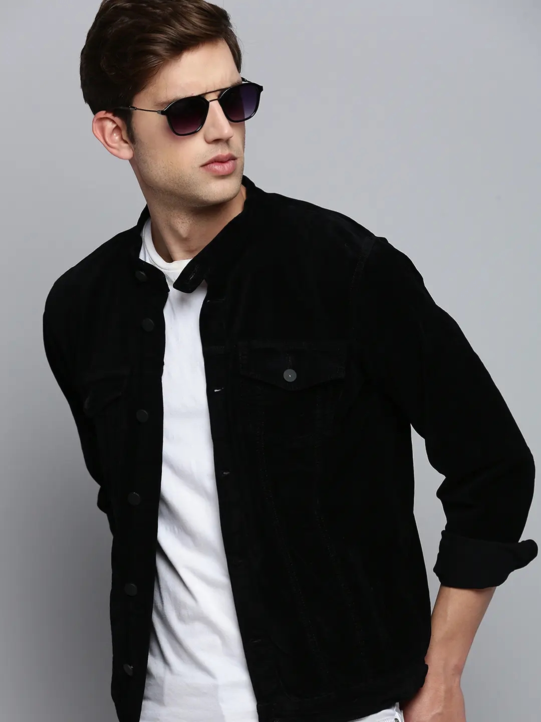 SHOWOFF Men's Mandarin Collar Solid Black Open Front Jacket