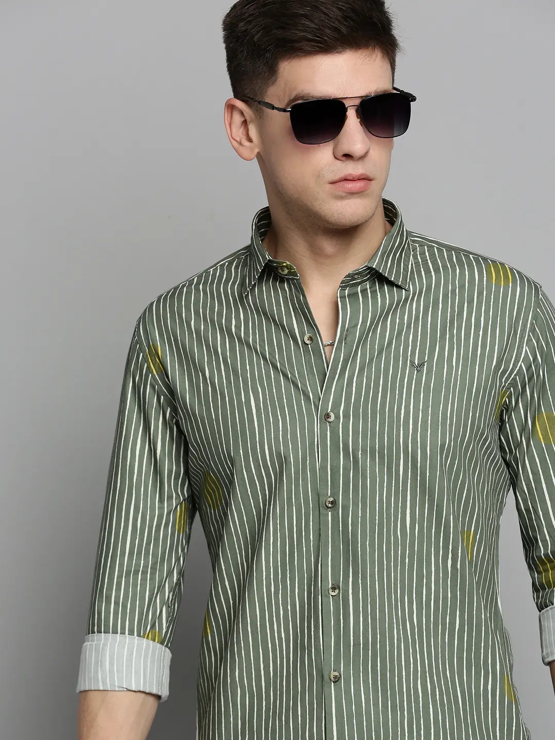 SHOWOFF Men's Spread Collar Olive Striped Shirt