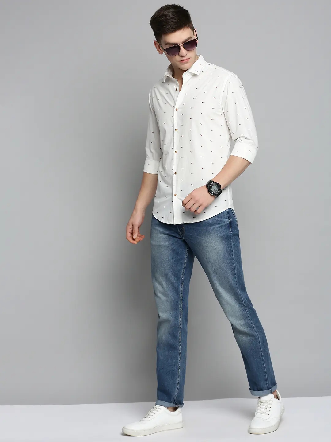 SHOWOFF Men's Spread Collar White Printed Shirt