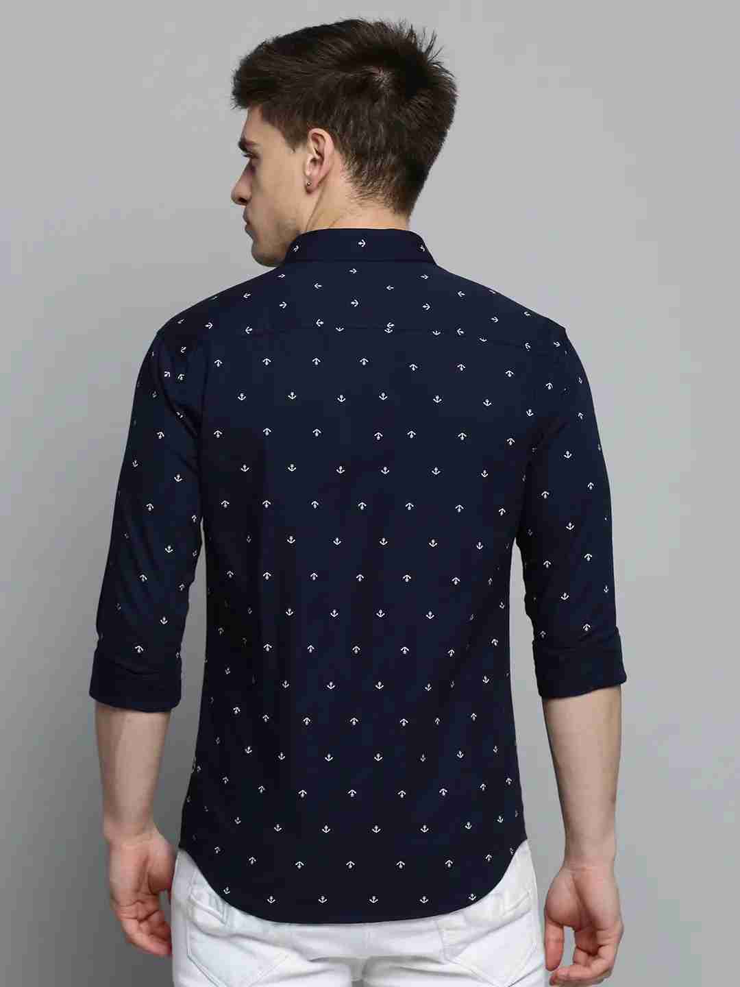 SHOWOFF Men's Spread Collar Navy Blue Printed Shirt