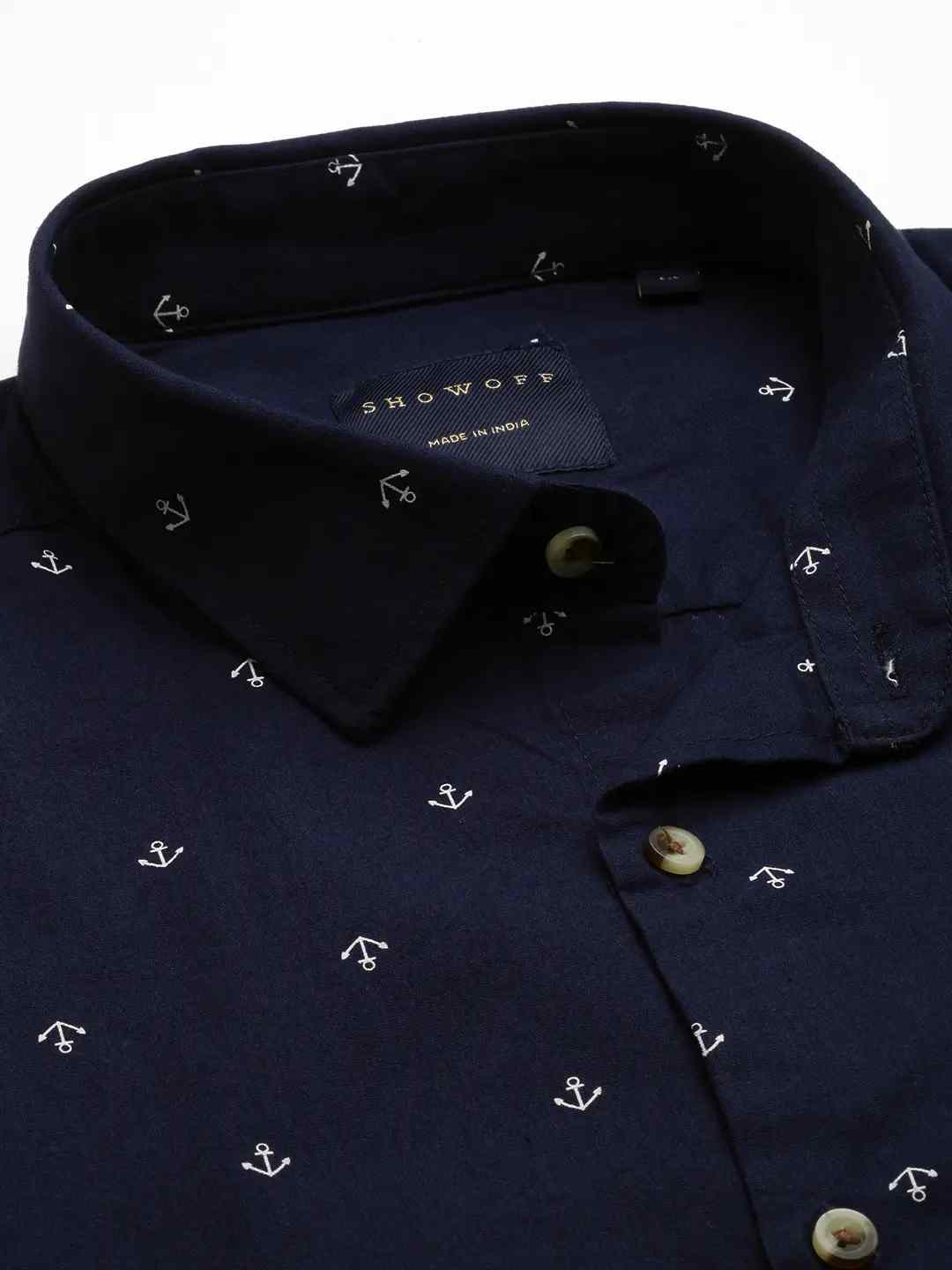 SHOWOFF Men's Spread Collar Navy Blue Printed Shirt