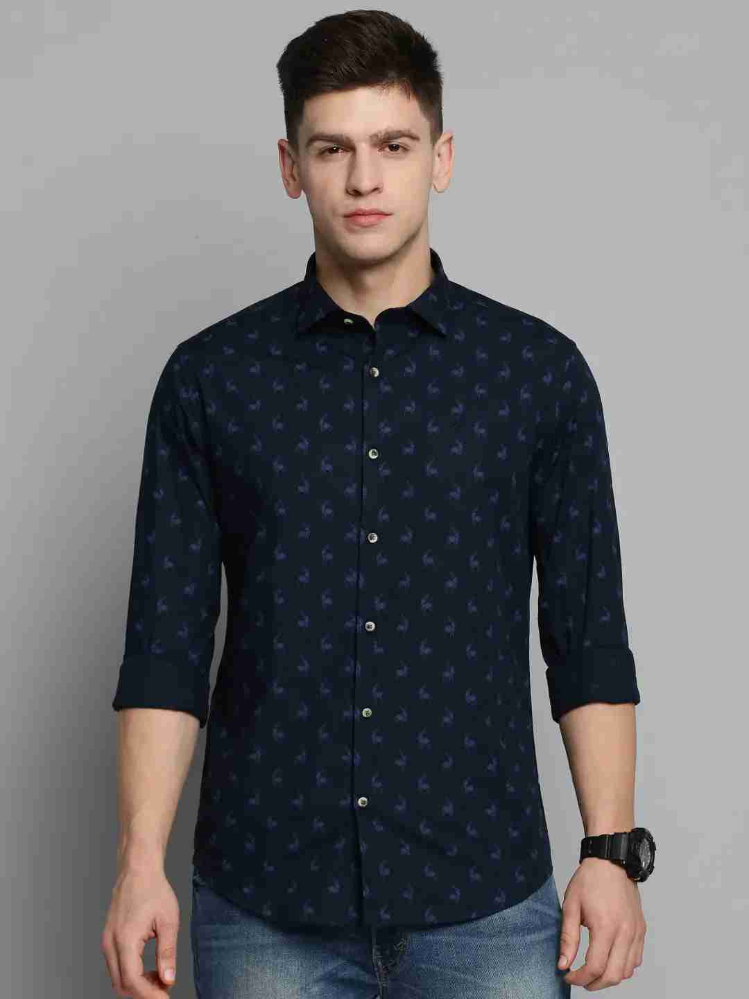 SHOWOFF Men's Spread Collar Navy Blue Printed Shirt