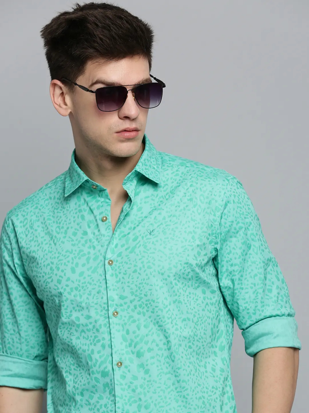 SHOWOFF Men's Spread Collar Green Printed Shirt
