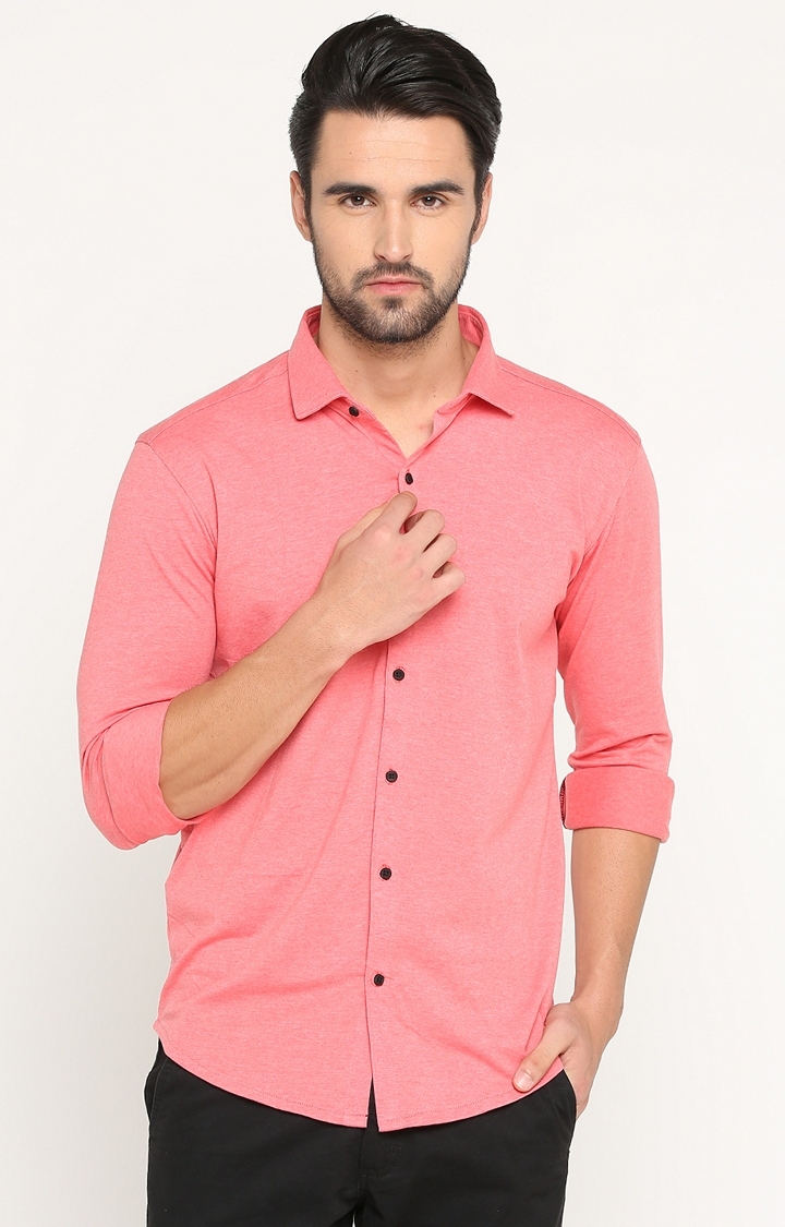 SHOWOFF Men's Knitted Full Sleeve Slim Fit Solid Pink Casual Shirt
