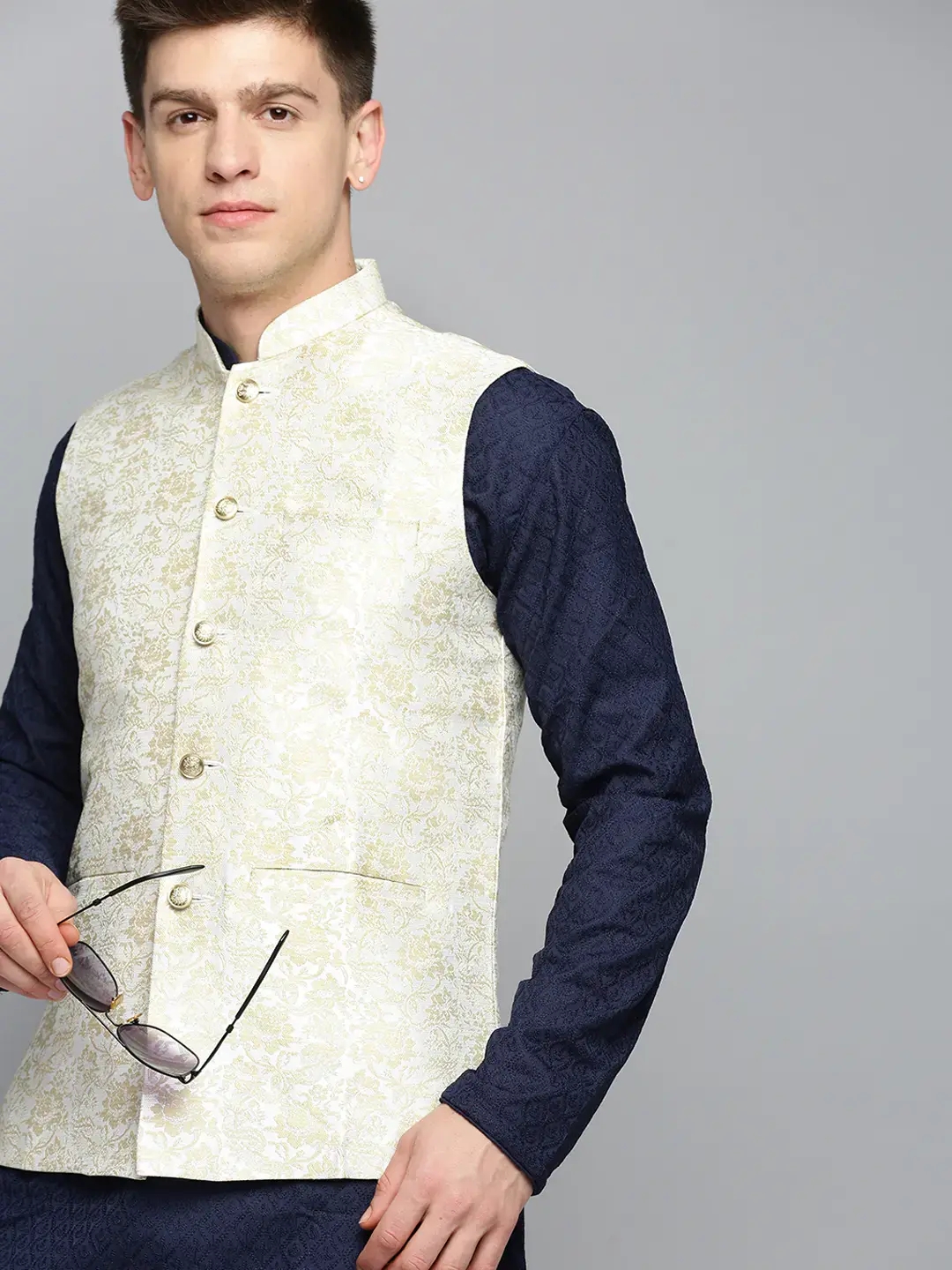 SHOWOFF Men's Woven Design Cream Nehru Jacket