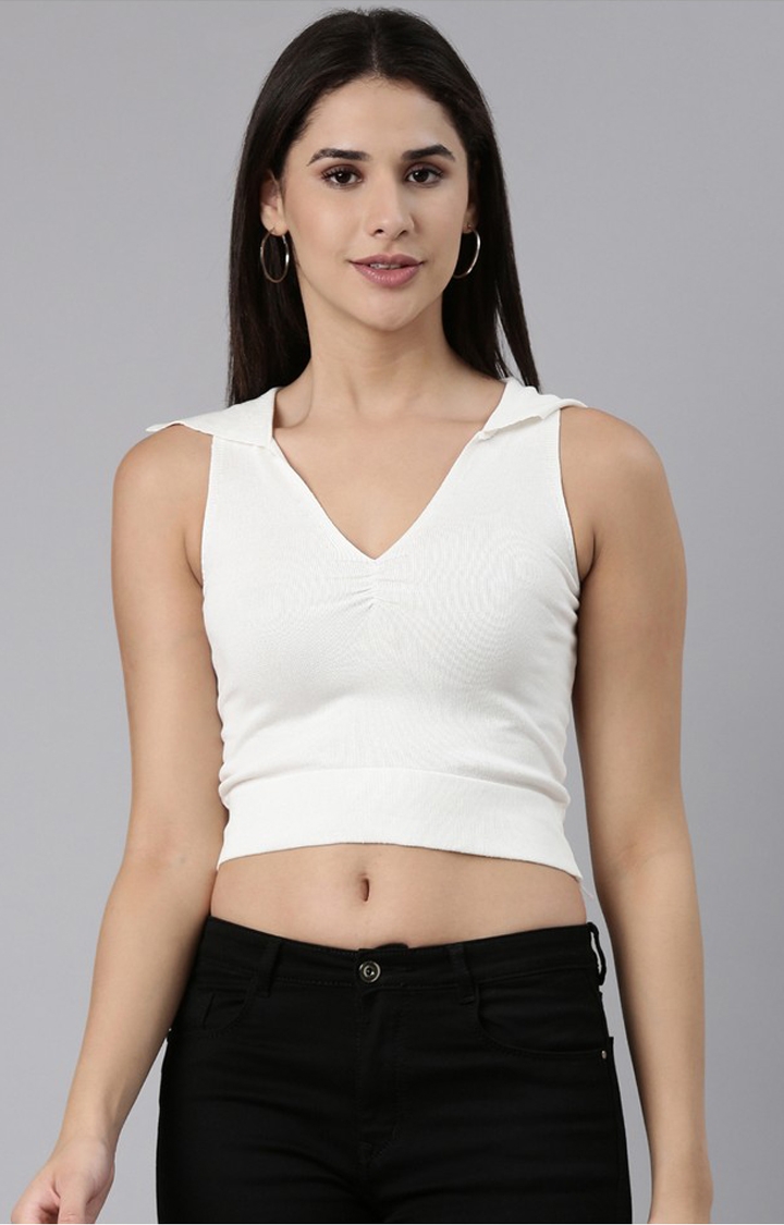 Showoff | SHOWOFF Women's Above the Keyboard Collar Solid White Fitted Crop Top