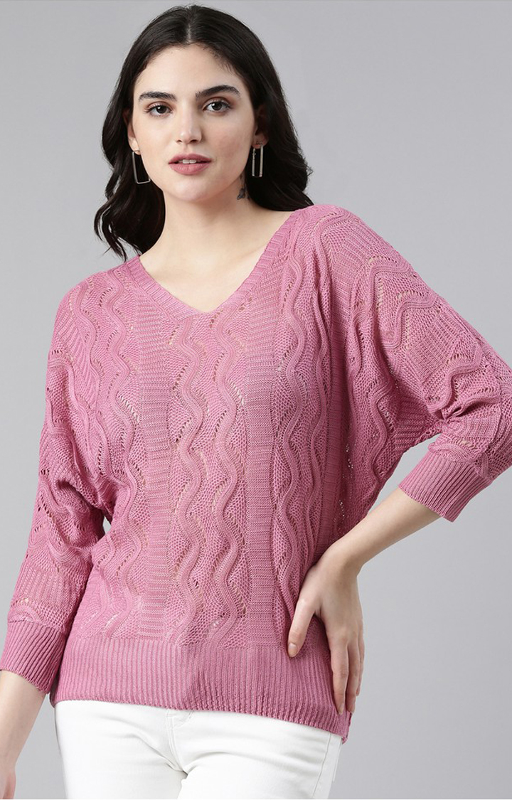 Showoff | SHOWOFF Women's V-Neck Self Design KimoSleeveless Regular Mauve Top