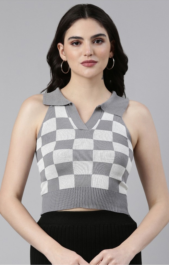 SHOWOFF Women's Above the Keyboard Collar Checked Grey Cinched Waist Crop Top
