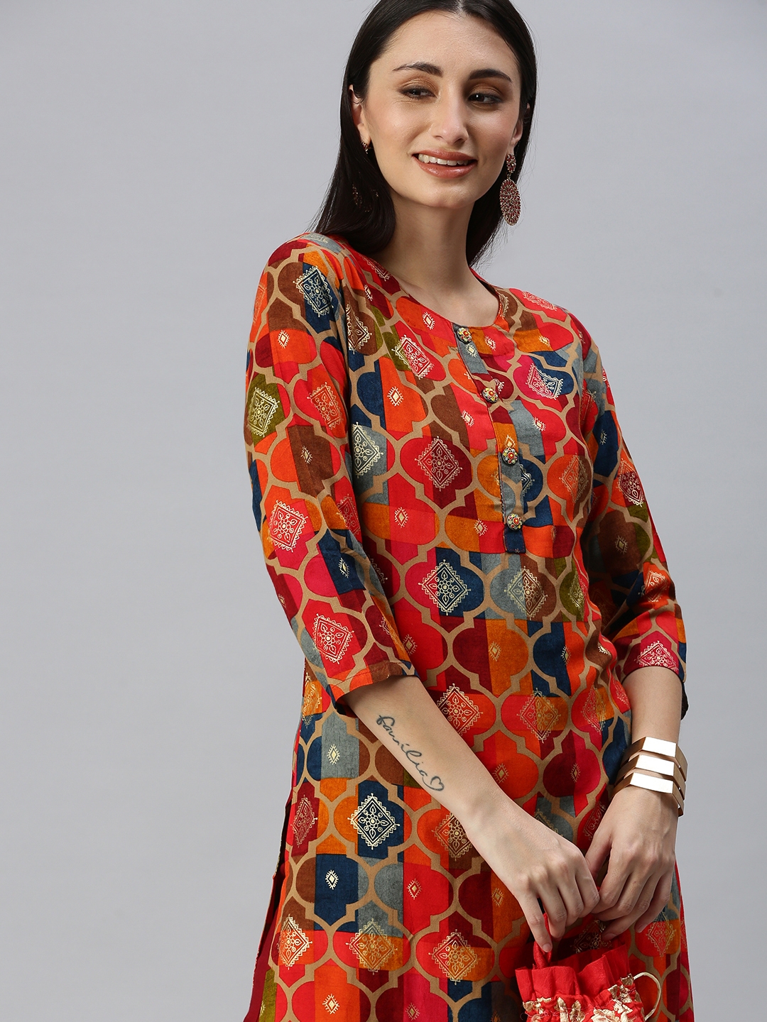 Women's Multicolour Cotton Blend Printed Regular Kurta Sets