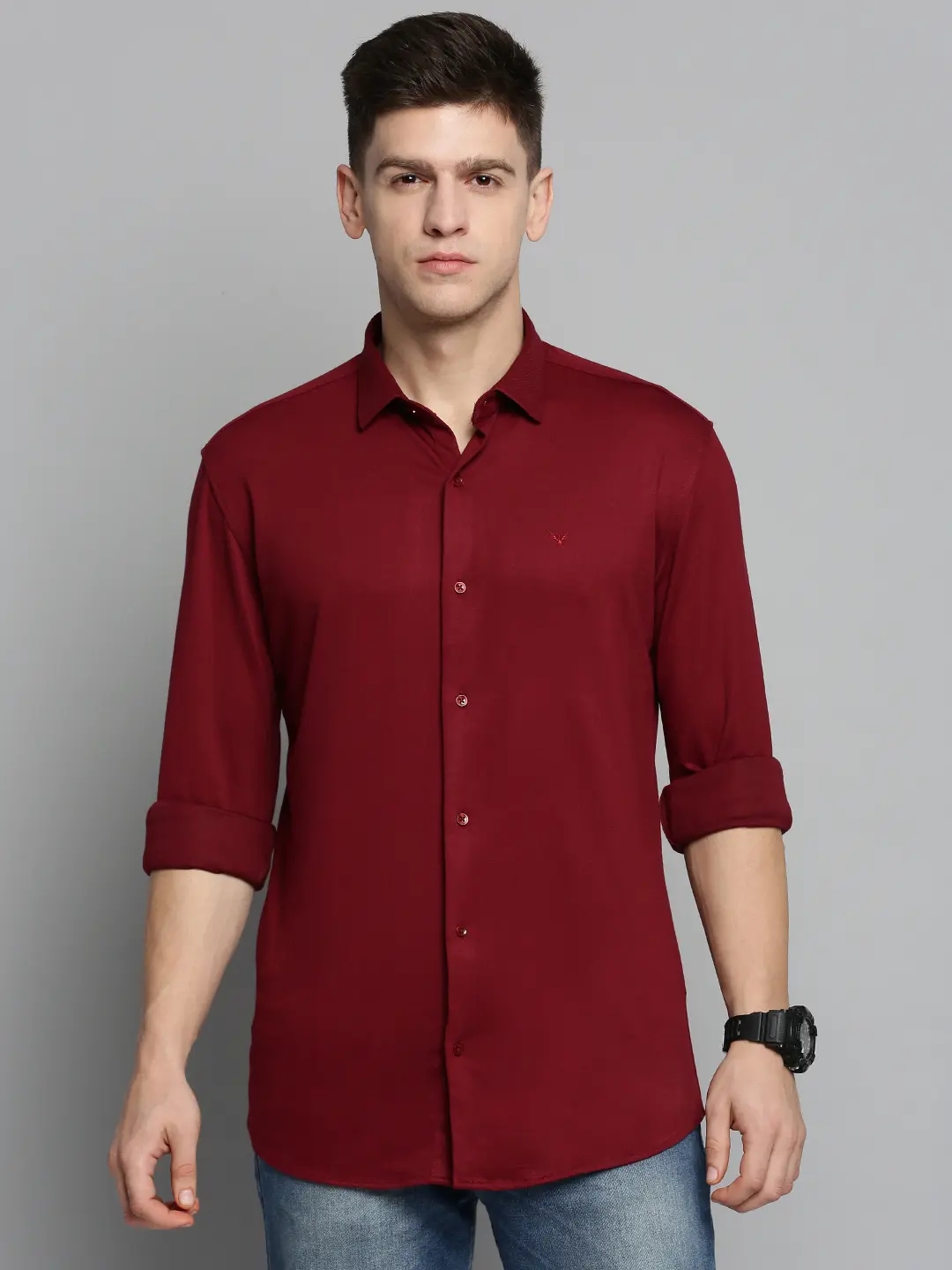 SHOWOFF Men's Spread Collar Maroon Solid Shirt