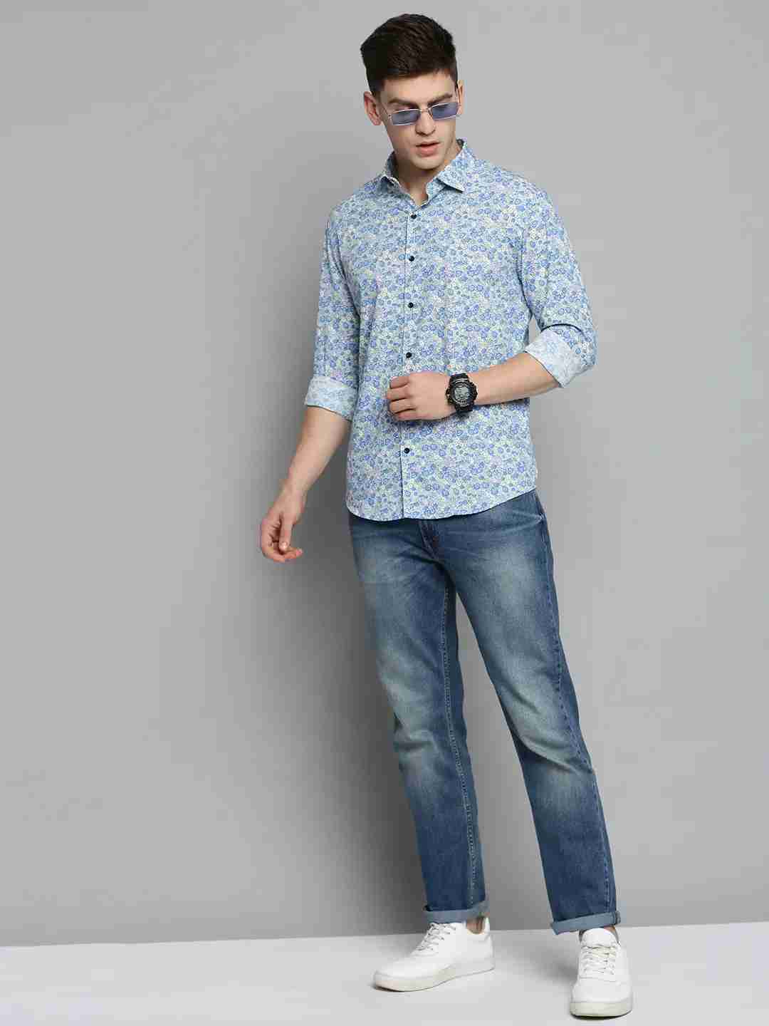 SHOWOFF Men's Spread Collar Blue Printed Shirt
