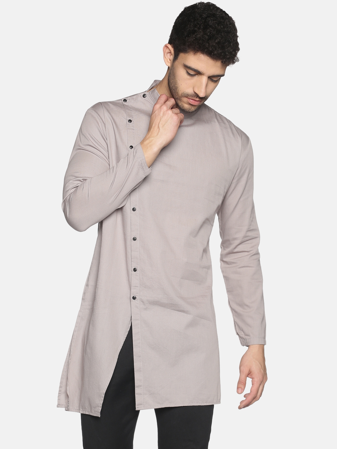 Showoff Men's Casual Grey Solid Slim Fit Full Kurta