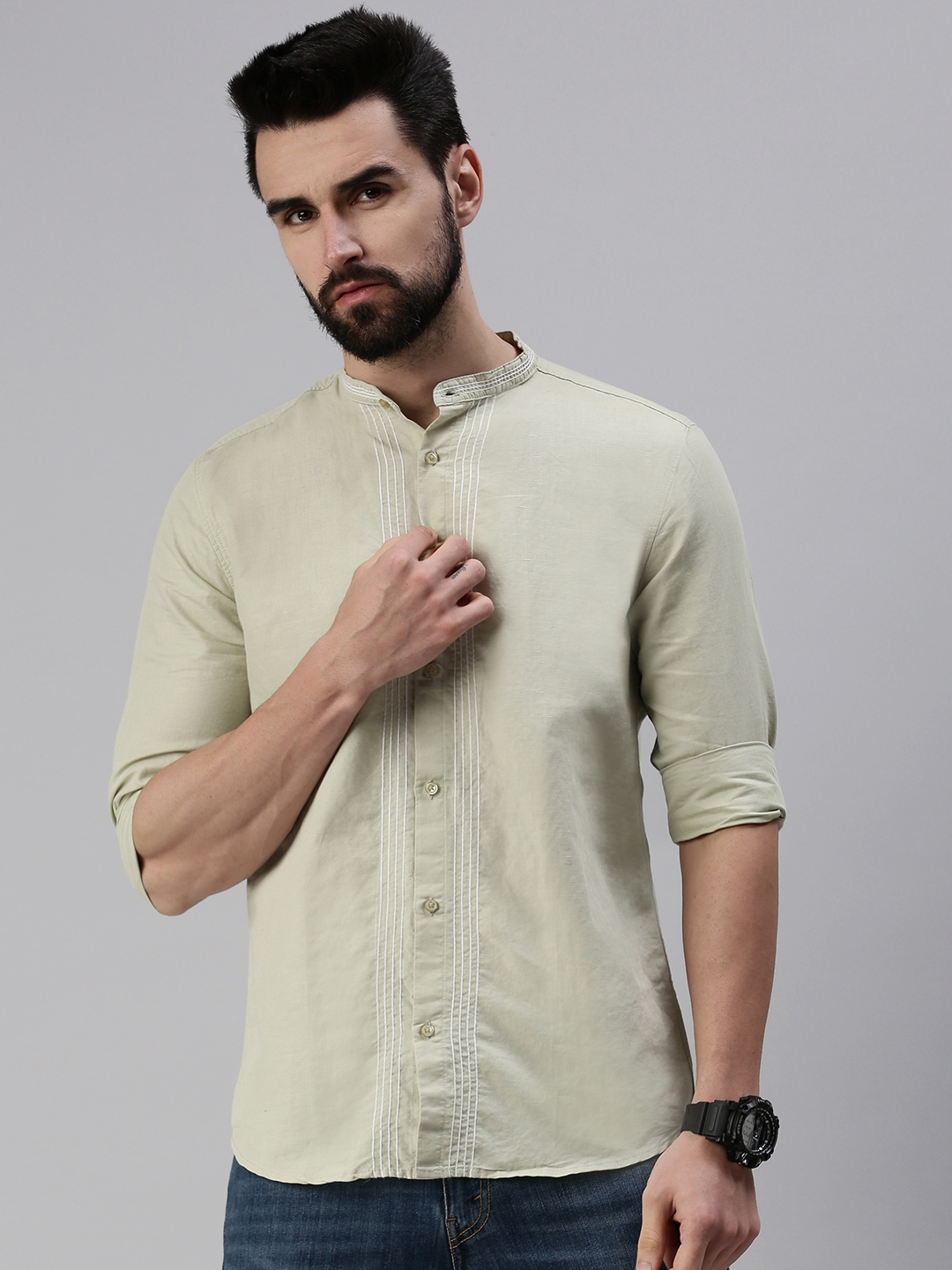 Showoff | SHOWOFF Men Olive Solid Mandarin Collar Full Sleeves Casual Shirt