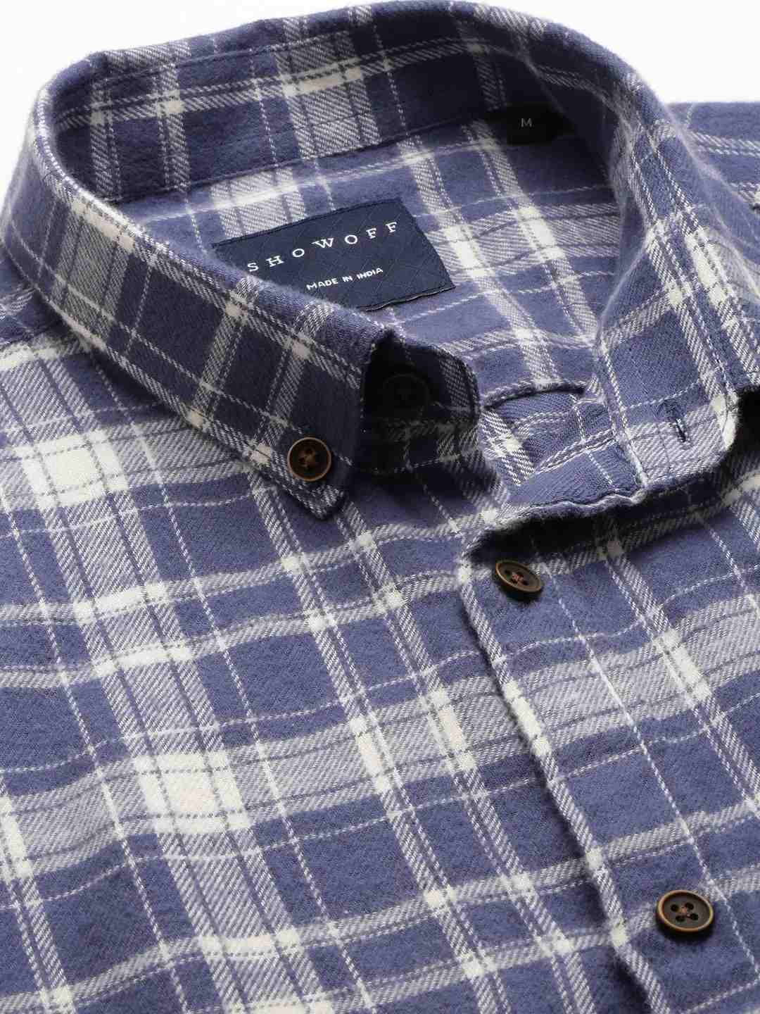SHOWOFF Men's Spread Collar Blue Checked Shirt