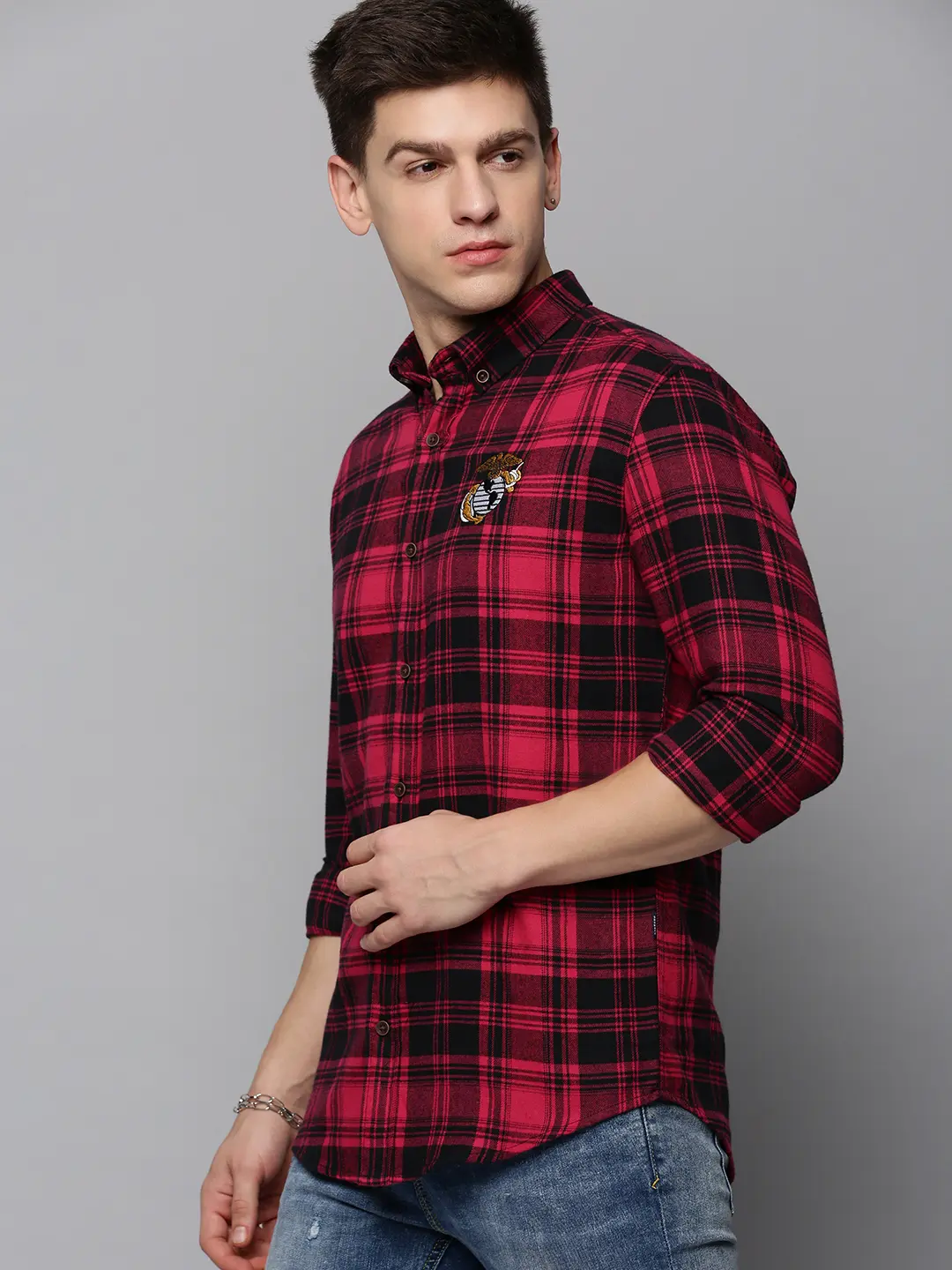 SHOWOFF Men's Spread Collar Magenta Checked Shirt