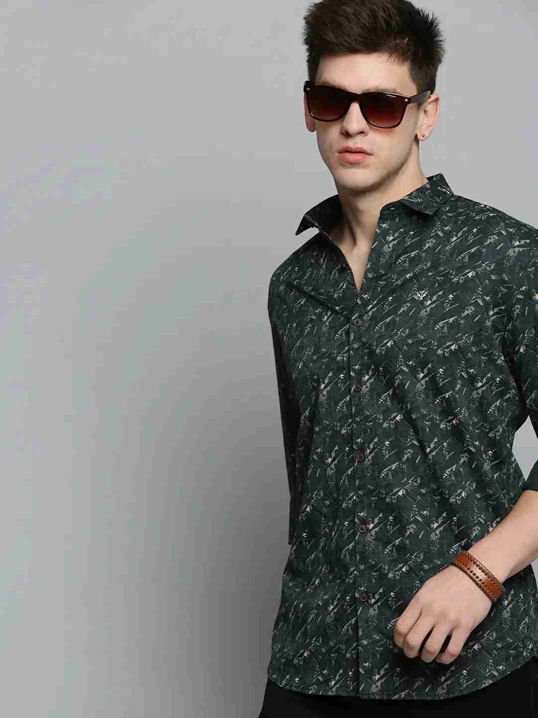 SHOWOFF Men's Spread Collar Olive Printed Shirt