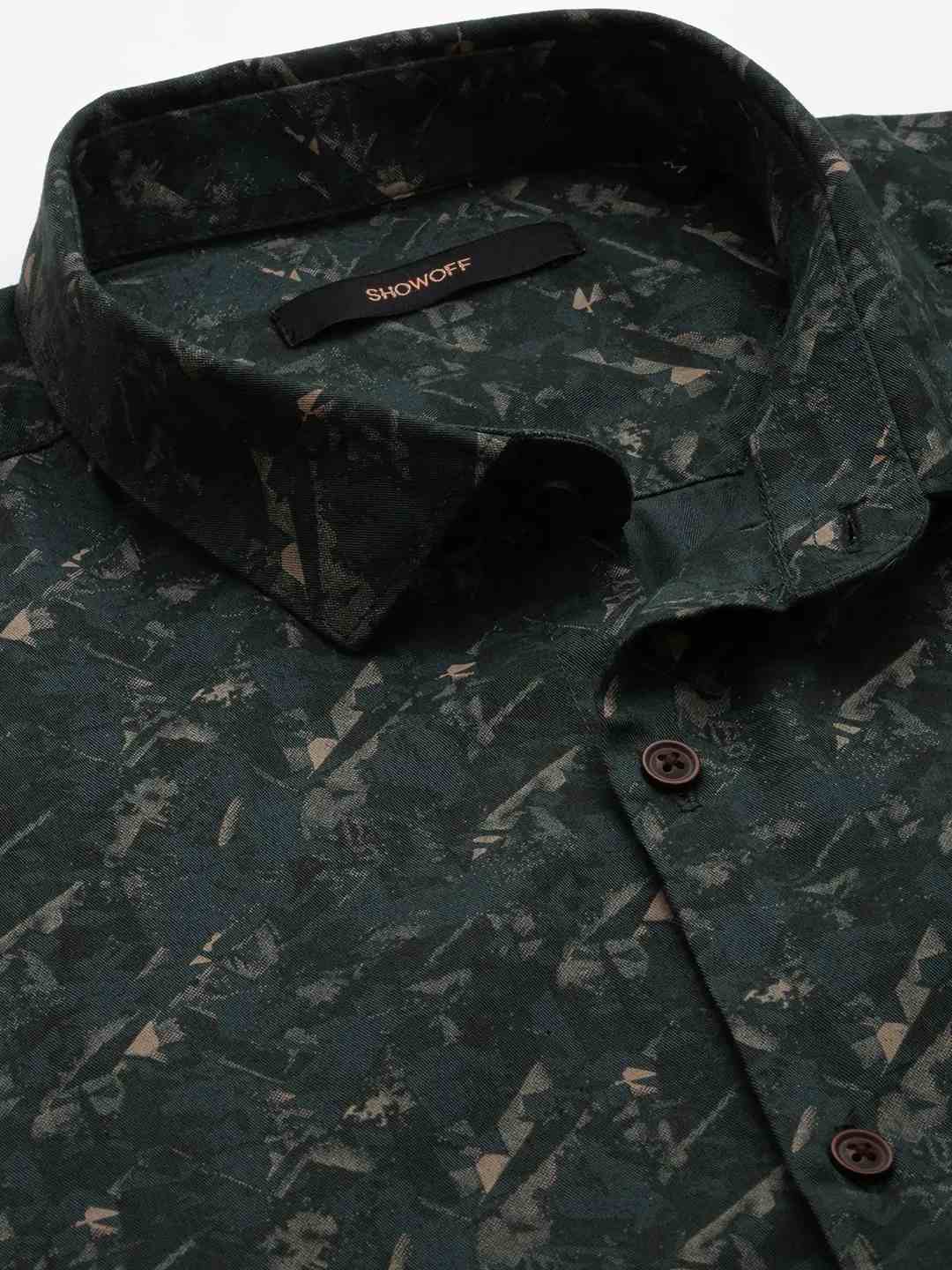 SHOWOFF Men's Spread Collar Olive Printed Shirt